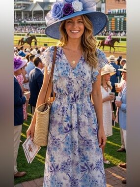 Berkeley Jensen size XL chiffon Floral Blue ruffle Maxi Derby Dress